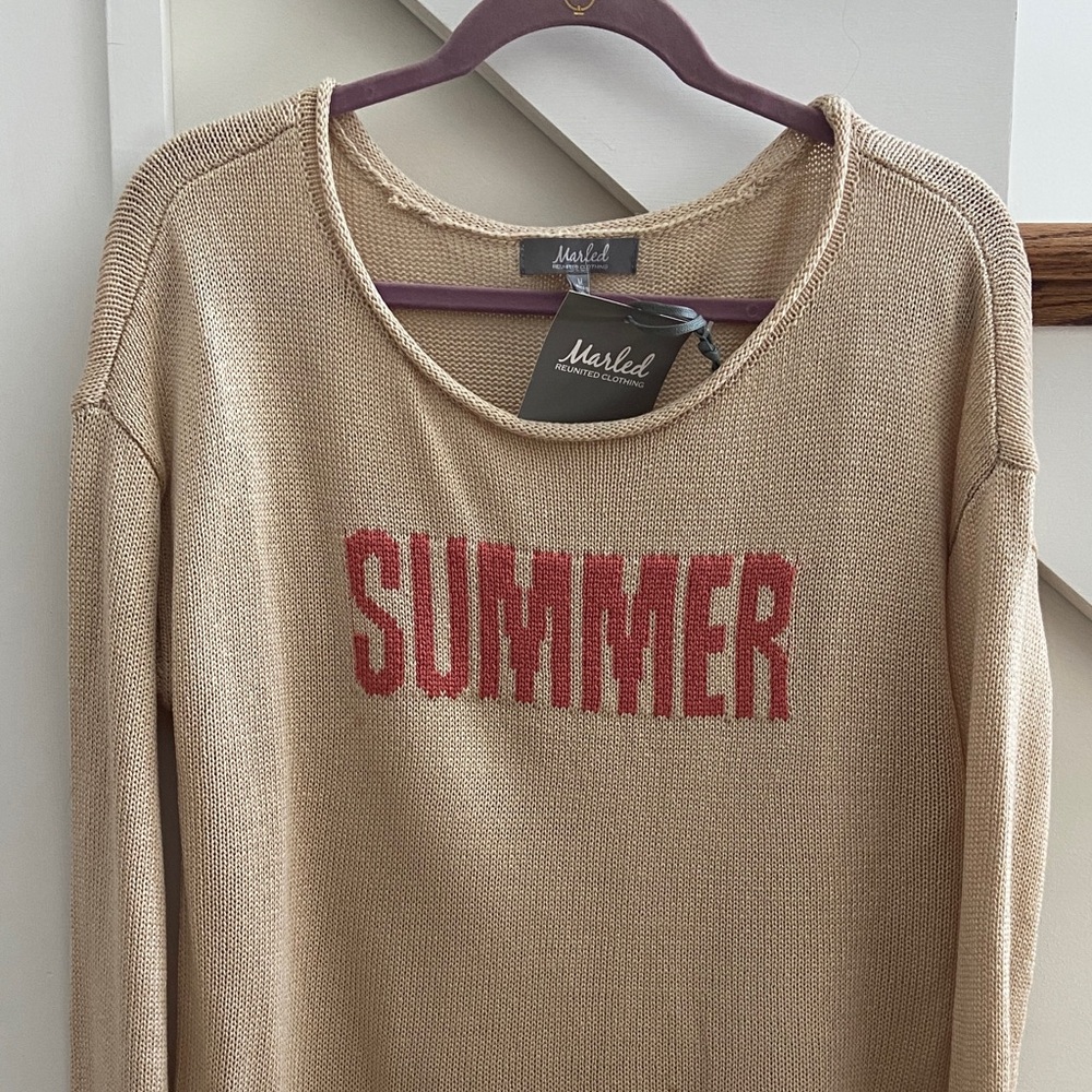 Marled Beige Sweater with Red Lettering